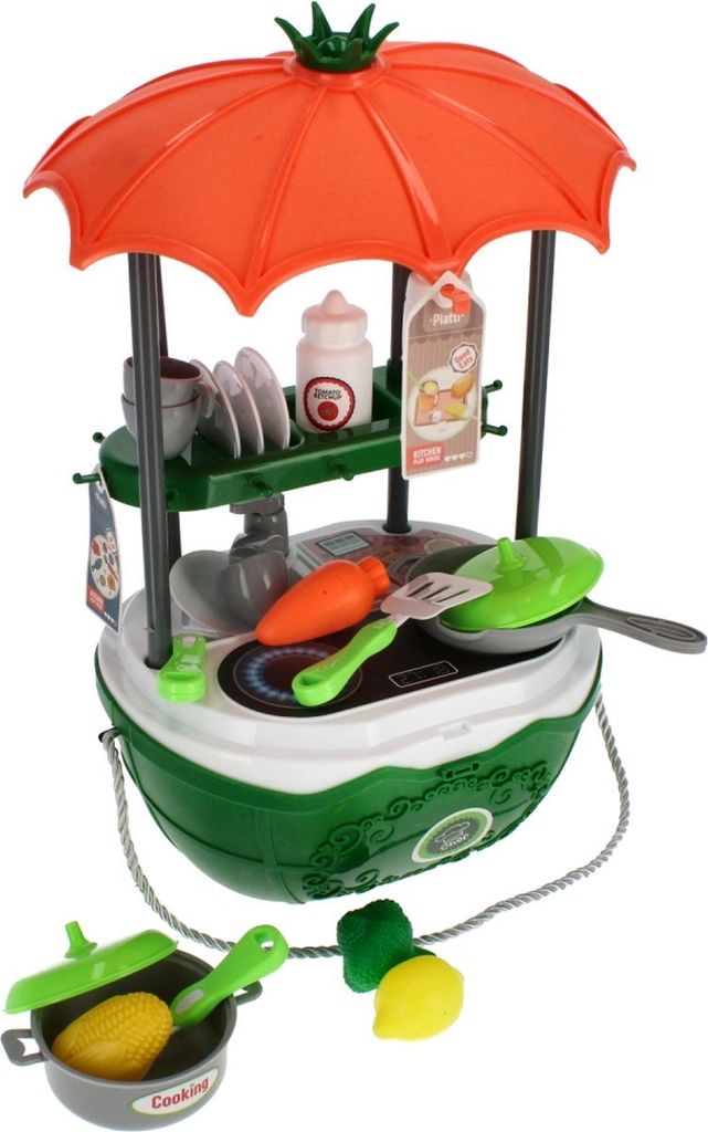 Ariko Toy trolley Kitchen 47 pcs - Kochtöpfe, Gewürze, Geschirr, Spüle und vieles mehr - praktischer Koffer zum Mitnehmen mit Rollen