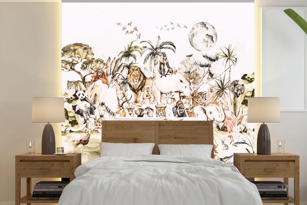 MuchoWow Fototapete für Wohnzimmer oder Schlafzimmer Wandtapete Vinyl Motivtapete Bus - Tiere - Kinder - Jungen - Mädchen - Palme - 240x240 cm ...