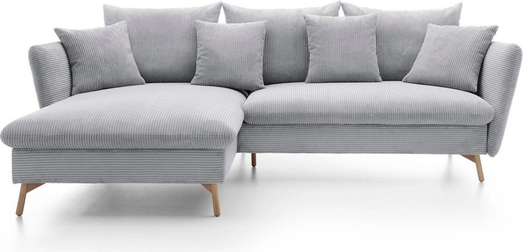 Ecksofa MORRE Poso 55 Hellgrau Grau Cord Breitcord Schlafsofa Bettkasten Holzfüße Links