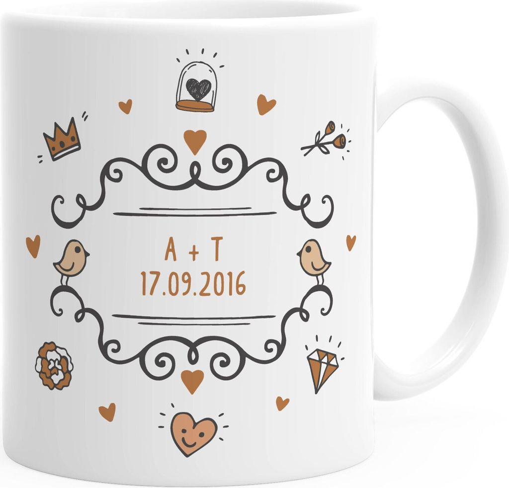 personalisierte Kaffeetasse Name und Datum Initialen oder Wunschtext anpassbarer Text individuelle Geschenke SpecialMe weiß-orange Keramik-Tasse