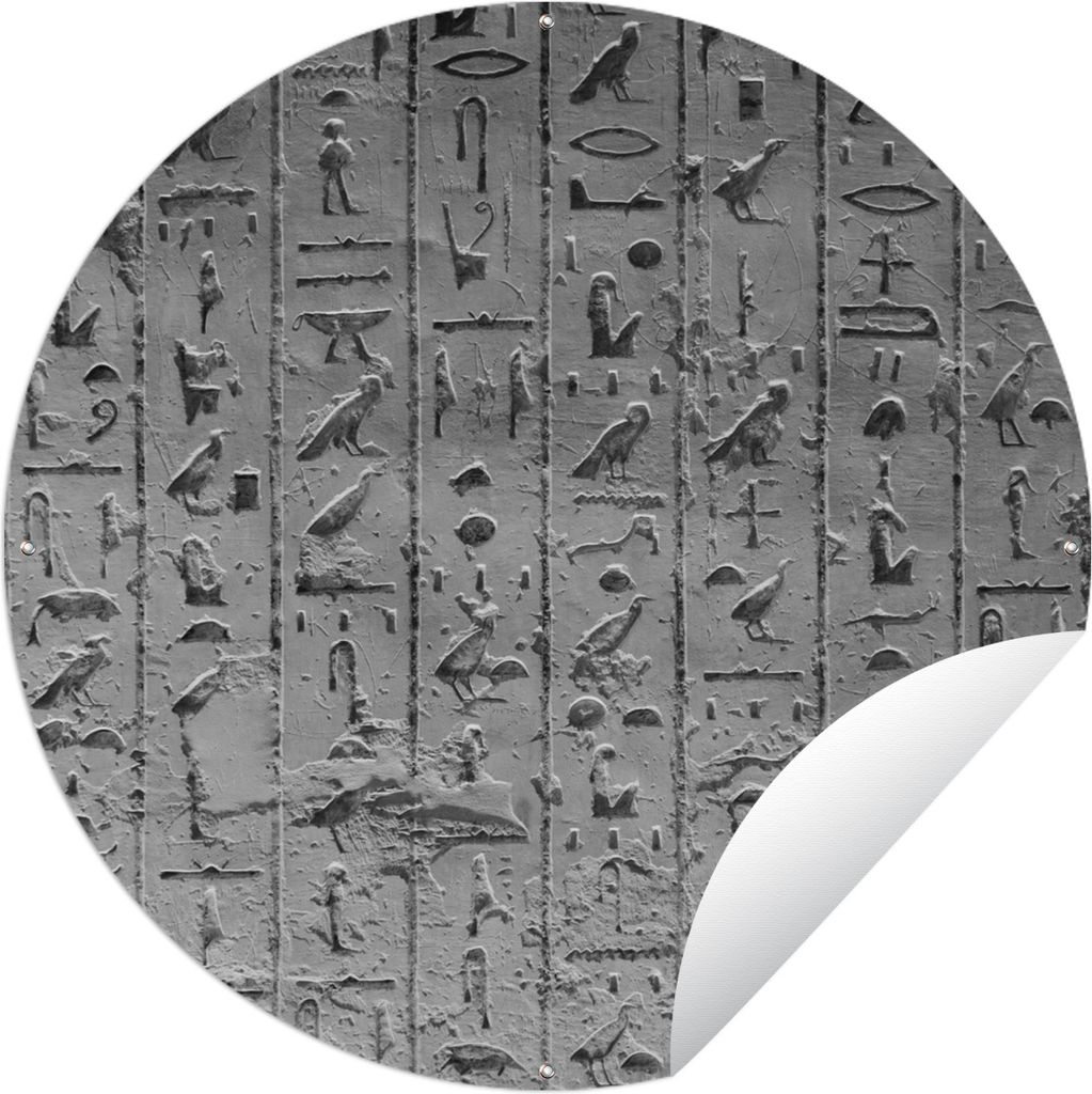 MuchoWow Gartenposter Outdoor-Poster Rund Ägypten - Hieroglyphen - Schwarz - Weiß Ø 150 cm Gartendeko Rundes Poster draußen