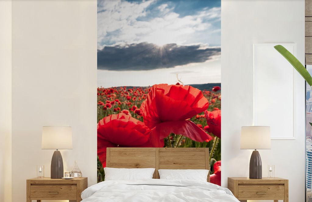 MuchoWow Fototapete für Wohnzimmer oder Schlafzimmer Wandtapete Vinyl Motivtapete Mohnblumen vor einem dramatischen, stürmischen Himmel - 120x2...