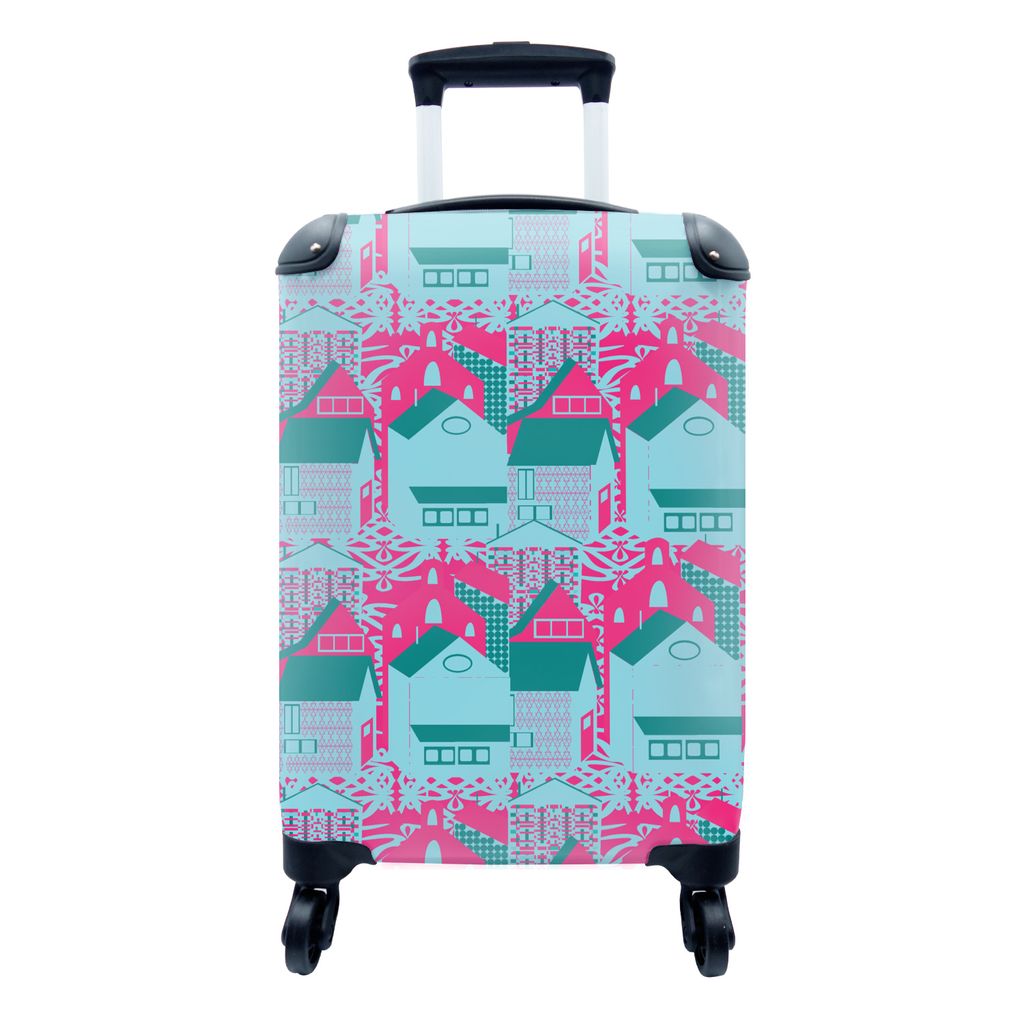 MuchoWow Koffer Handgepäck Trolley Rollkoffer Kleine Reisekoffer mit 4 Rollen - Muster - Abstrakt - Haus - Cabin Size < 55x40x23 cm & 55x40x20 c...