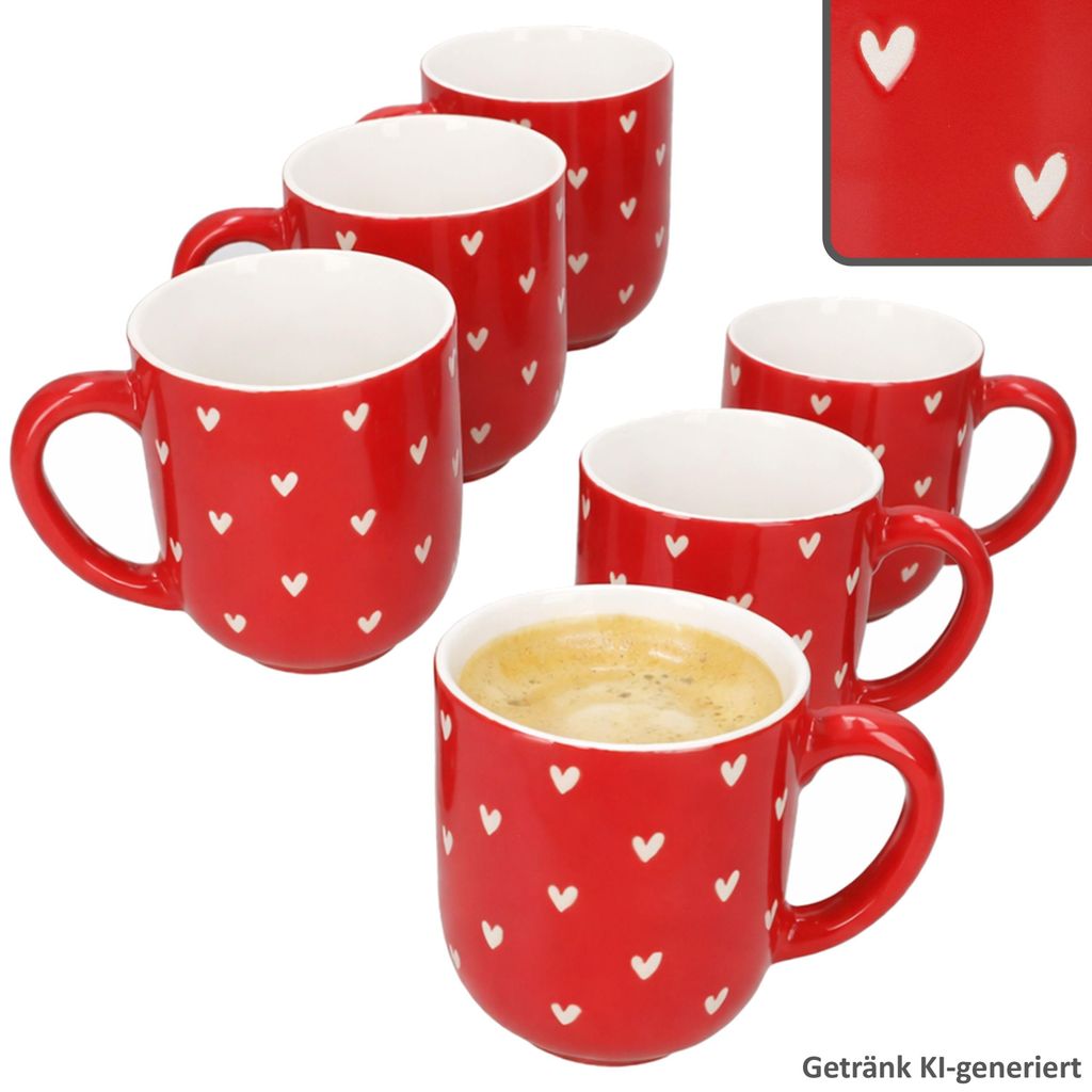 6er Set Love Kaffeebecher Porzellan rot weiße Herzen 300ml Ø8cm Tasse