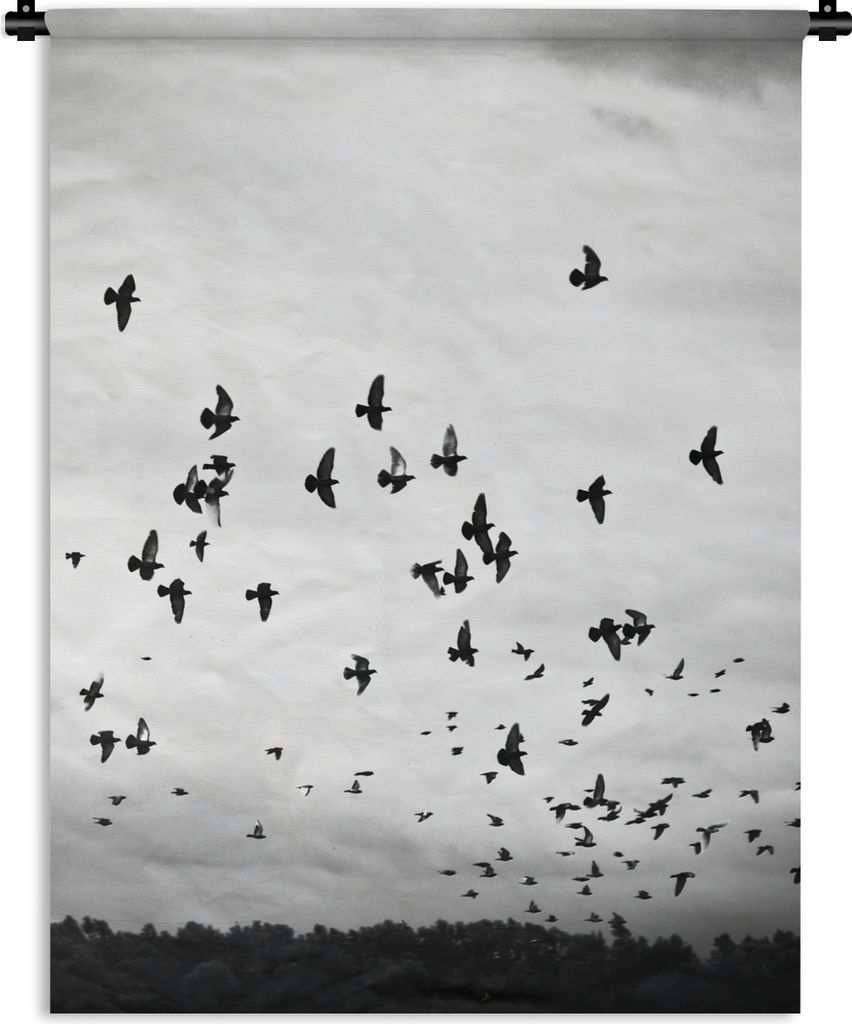MuchoWow Wandteppich Wandbehang Tiere - Vögel - Wolken - Schwarz - Weiß 90x120 cm Tapisserie Dekoration Wandtuch - Wanddeko
