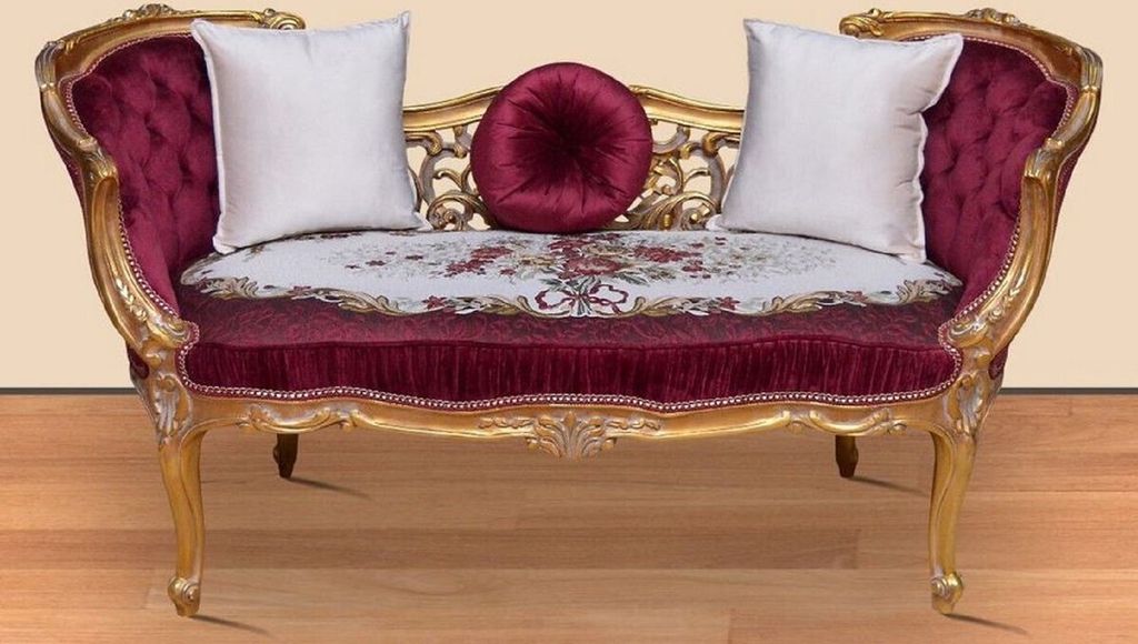 Casa Padrino Barock Sitzbank Lila / Weiß / Gold 150 x 55 x H. 80 cm - Prunkvolle Massivholz Bank mit edlem Blumenmuster - Möbel im Barockstil