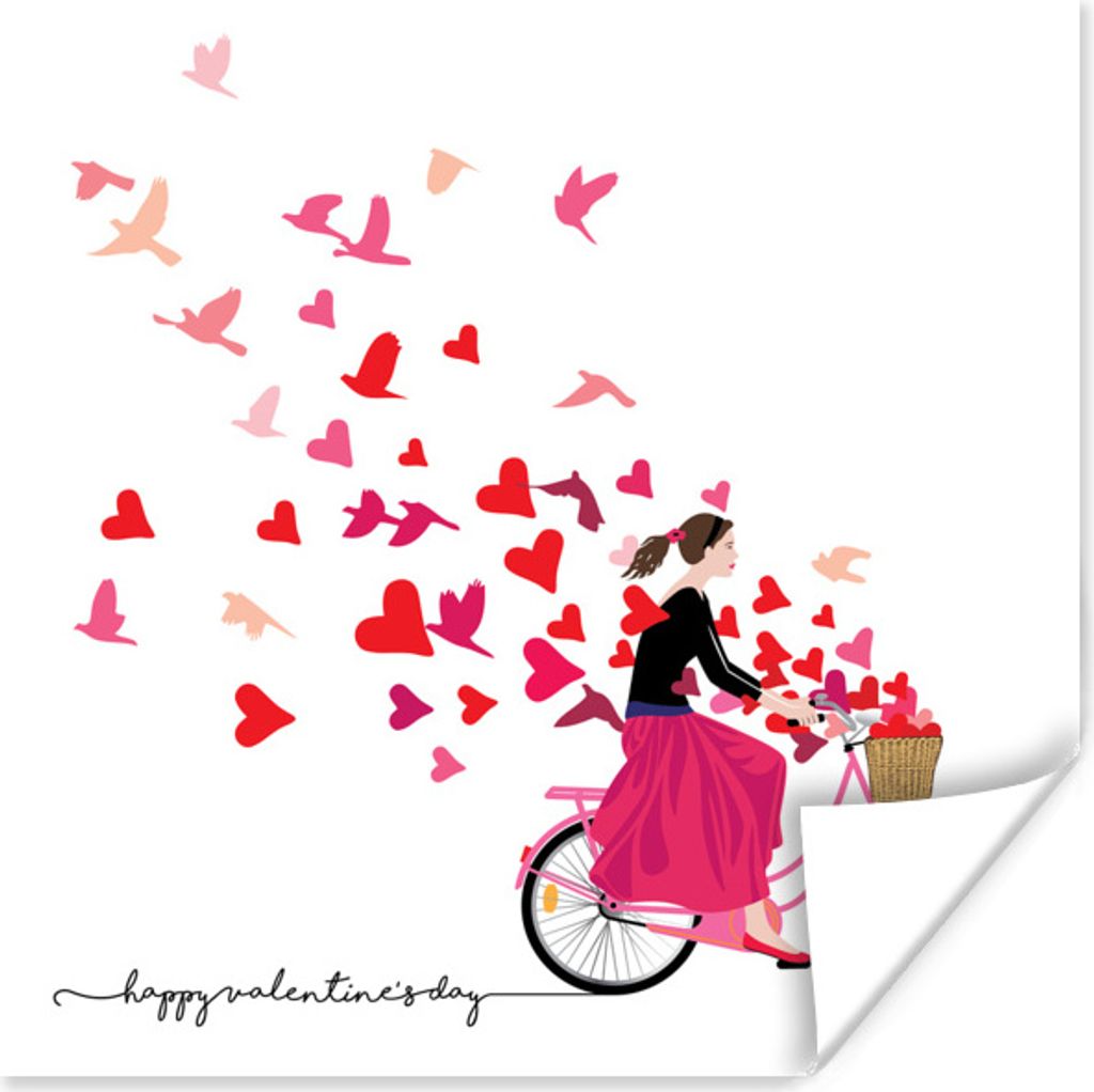 MuchoWow Poster Eine Illustration einer Frau auf einem Fahrrad mit einem Korb voller Herzen 50x50 cm - Wohnzimmerdekoration