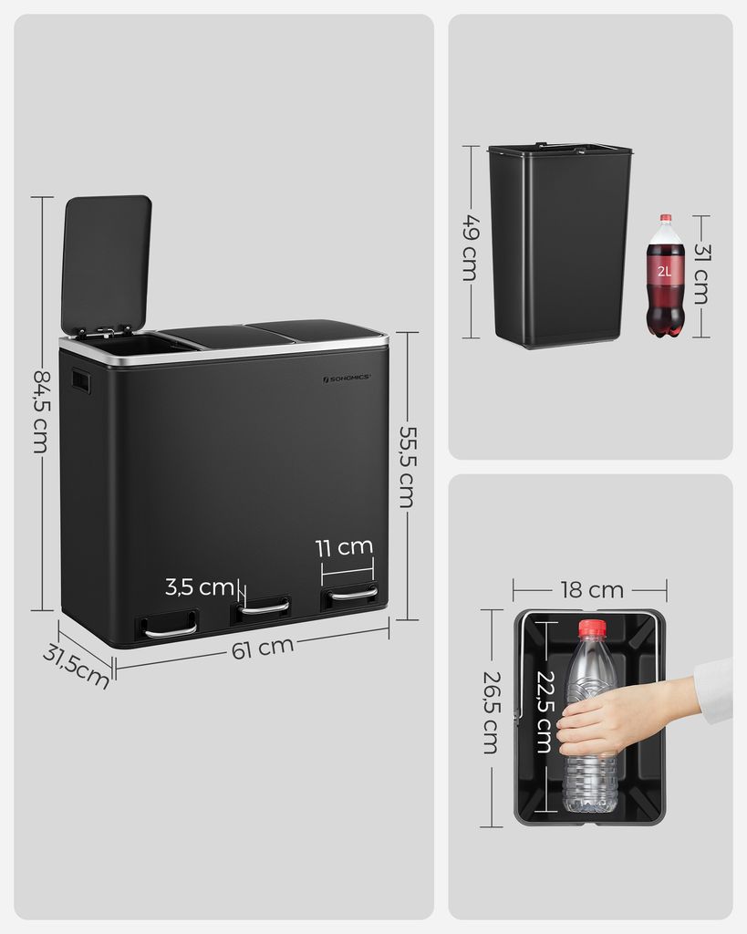 SONGMICS Systém třídění odpadu, 3 x 18 l, ergonomický, 3 Obrázek produktu 