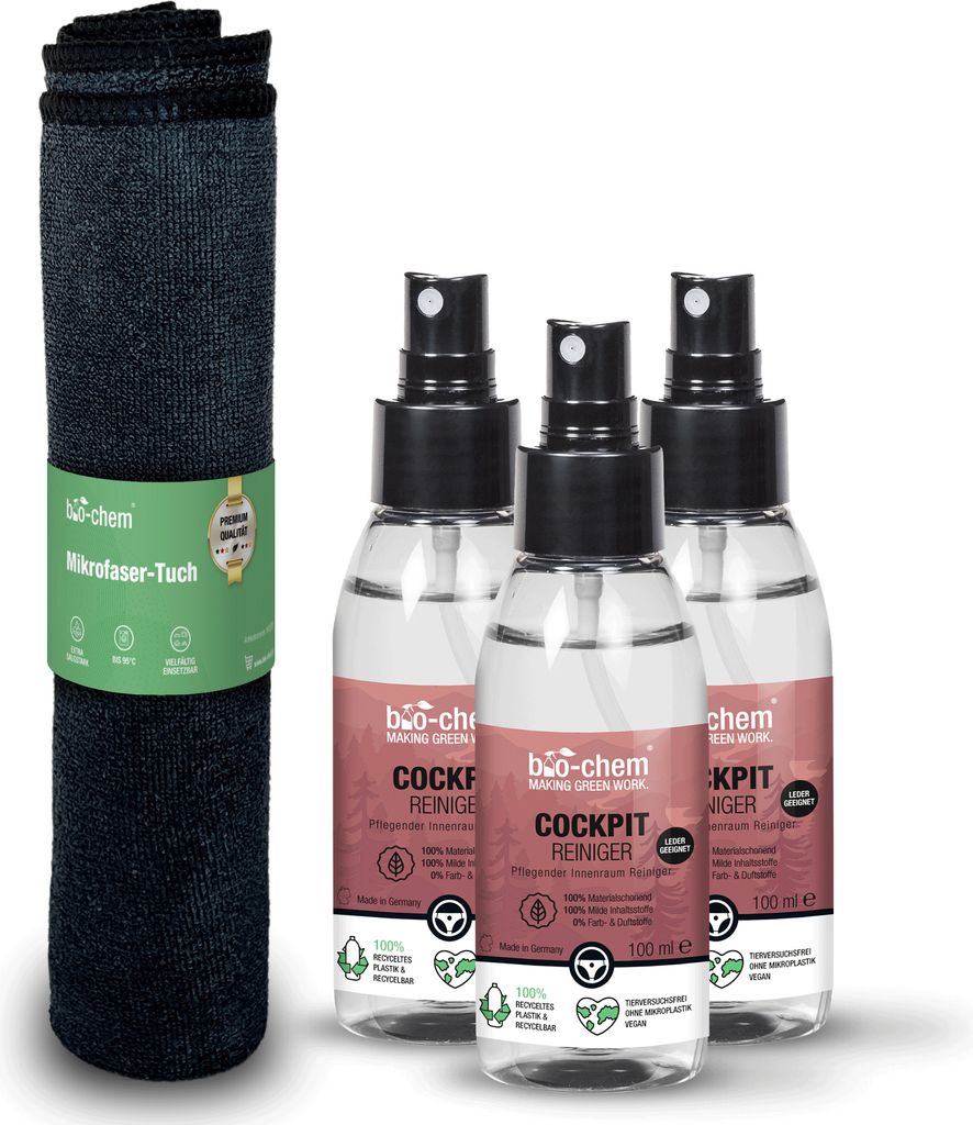 bio-chem Cockpit-Pflege 3X 100 ml Cockpitspray + Mikrofasertuch I Auto Innenraum Reiniger mit schonender Pflege für Leder und Kunststoff I Sorgt f...