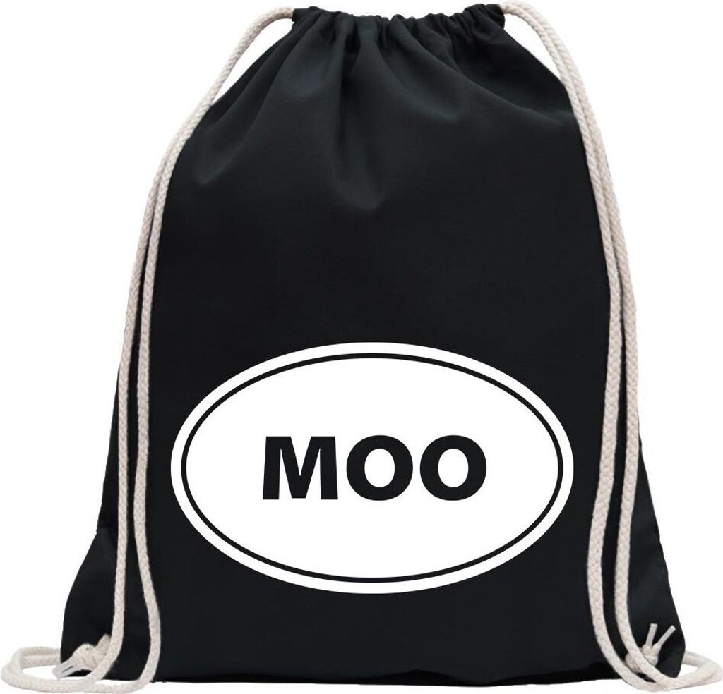 Kiwistar - Turnbeutel - schwarz - MOO - Fun Rucksack Sport Beutel Gymsack Baumwolle mit Ziehgurt