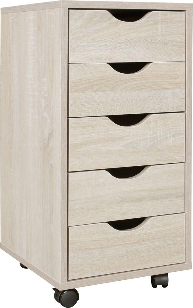 Rollcontainer 5 Schubladen MDF Sonoma mit schwarzen Griffmulden, Gesamtansicht von vorne.