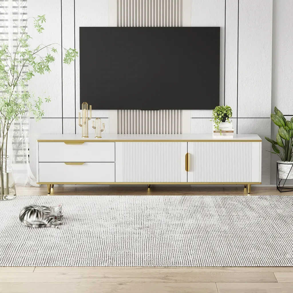 Merax Buffet Bas 175cm Blanc avec Portes et Tiroirs pour Salon Chic