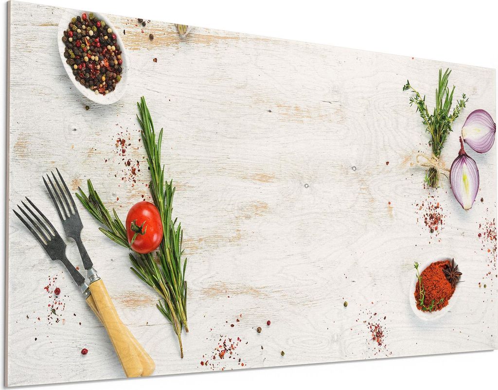 DEQORI Holzbild 100x50 cm 'Küchenkräuter und Gewürze' Bild auf Holz Wandbild Kunstdruck