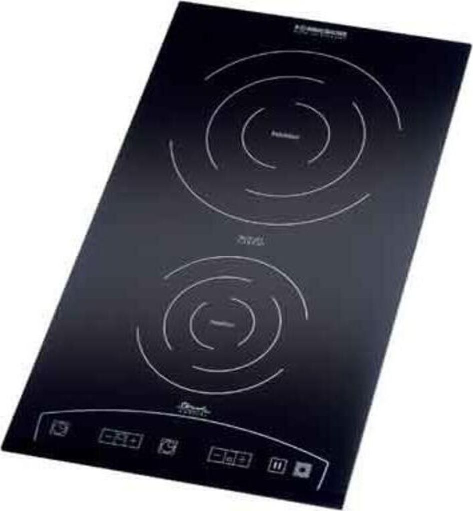 A black induction cooktop with two cooking zones and control panel.