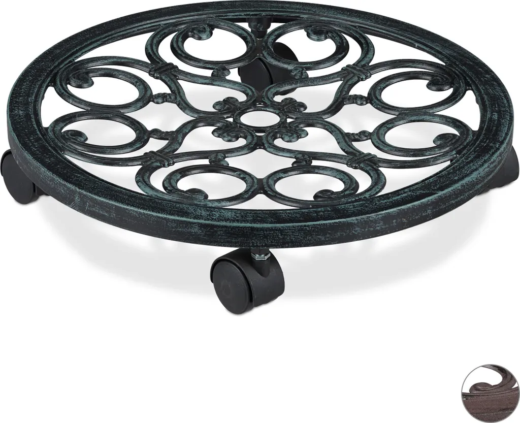 Support pot de fleur en fonte sur roulettes - Style Antique Rond