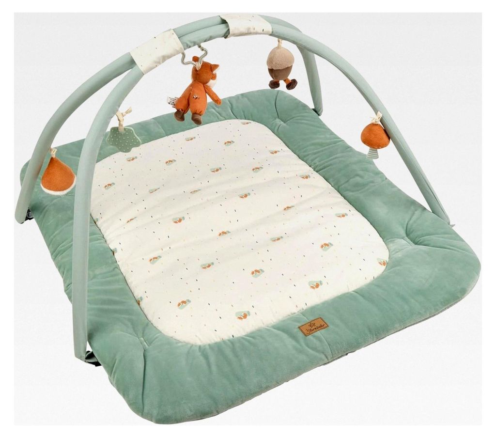 Spielbogen Fuchs Filou 100x80 cm - gepolsterte Krabbeldecke - Baby Spieldecke mit Bogen und abnehmbarem Spielzeug - mit Spiegel, Rassel und Beißri...