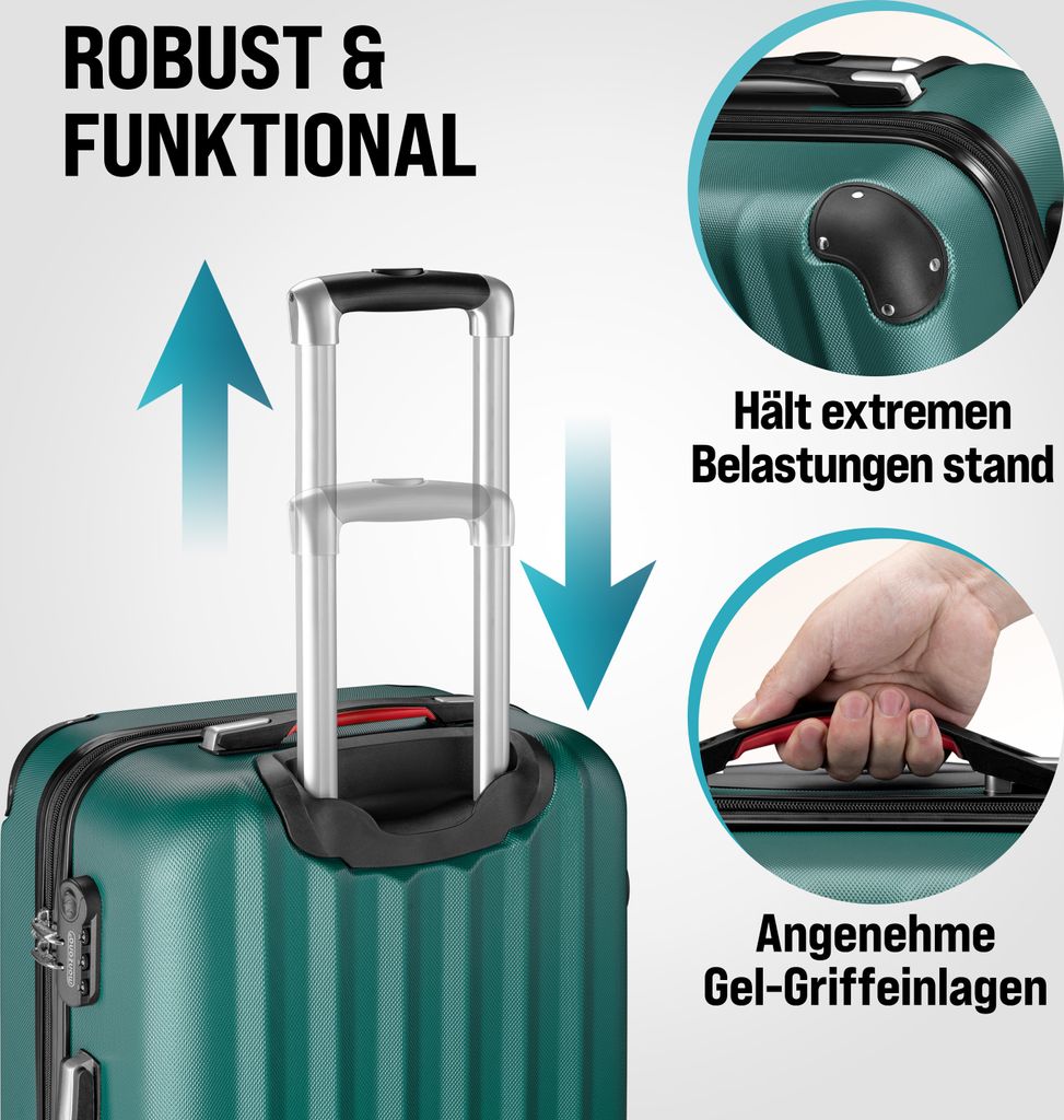 MONZANA 3tlg. Kofferset Schloss Wäsche Organizer Kofferwaage Gurt Gel-Griffe Zwillingsrollen Standfüße Trolley Reisekoffer Hartschalen Koffer ...