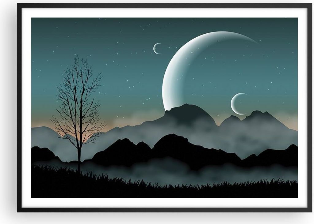 Gerahmtes Poster - Schwarzer Rahmen - Himmel Nacht Illustration - 100x70 cm - Wand Bild - Wanddeko - Wandbilder - Wandposter - Bilderrahmen - Bilde...