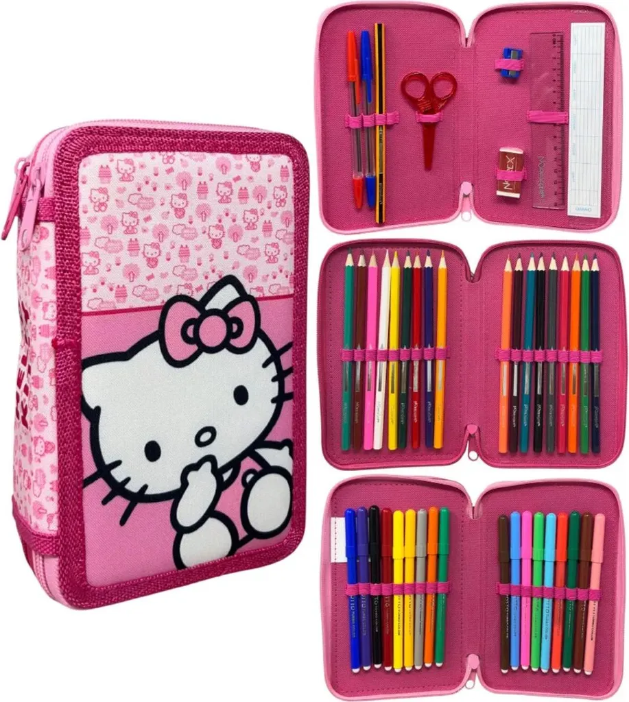 Astuccio Hello Kitty 3 Piani Rosa: Completo e Resistente per la Scuola