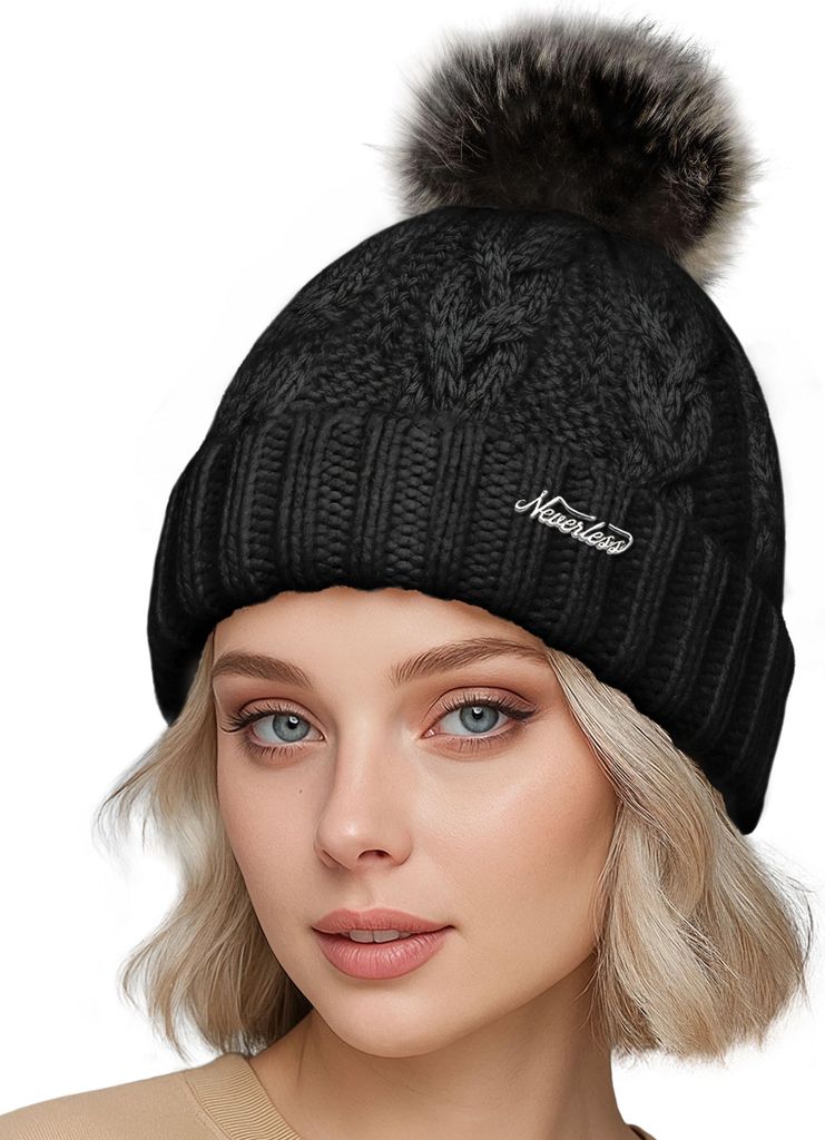 Damen Strickmütze Zopfstrickmuster Bommelmütze gefüttert mit Fleece Wintermütze Model 1979 Neverless