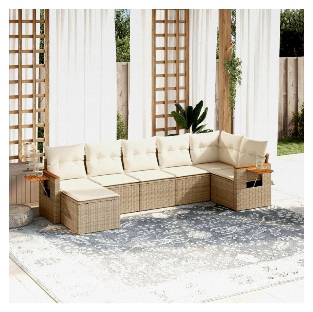 Gartenmöbel-Set, 7-teilig mit Kissen, Polyrattan, Beige