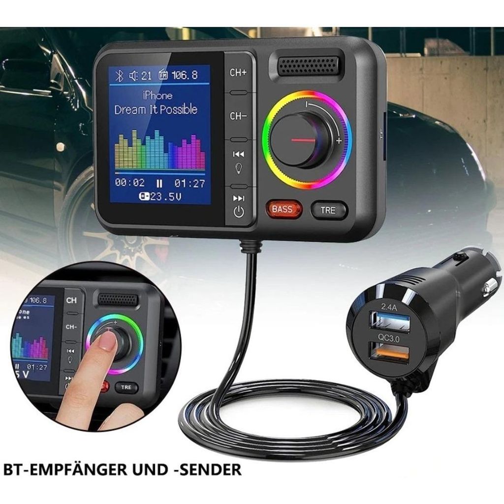 FM-Sender für Auto - Bluetooth Adapter mit Ladegerät Bildschirm Unterstützung für Handfreie Anrufe Siri&Google MP3-Musik wiedergabe