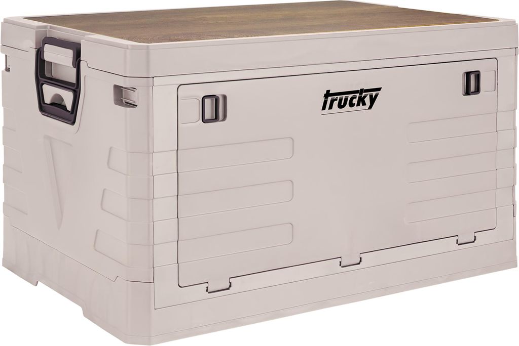 Camping Box mit Deckel, Storage Box, Aufbewahrungsbox, 75 L, Klappbox, Campingbox, faltbar, Aufbewahrung, Kiste, 58 x 40 x 33 cm, Beige, trucky