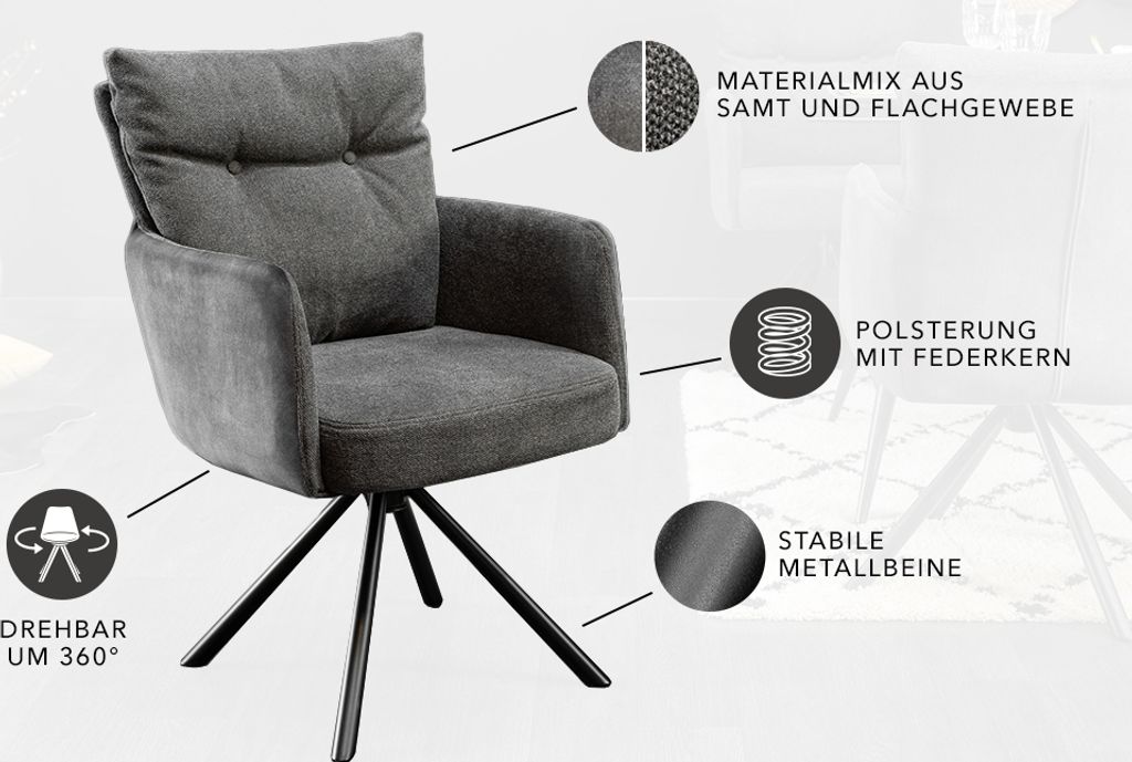 riess-ambiente Drehbarer Stuhl BIG GEORGE anthrazit Samt Produktbild 10