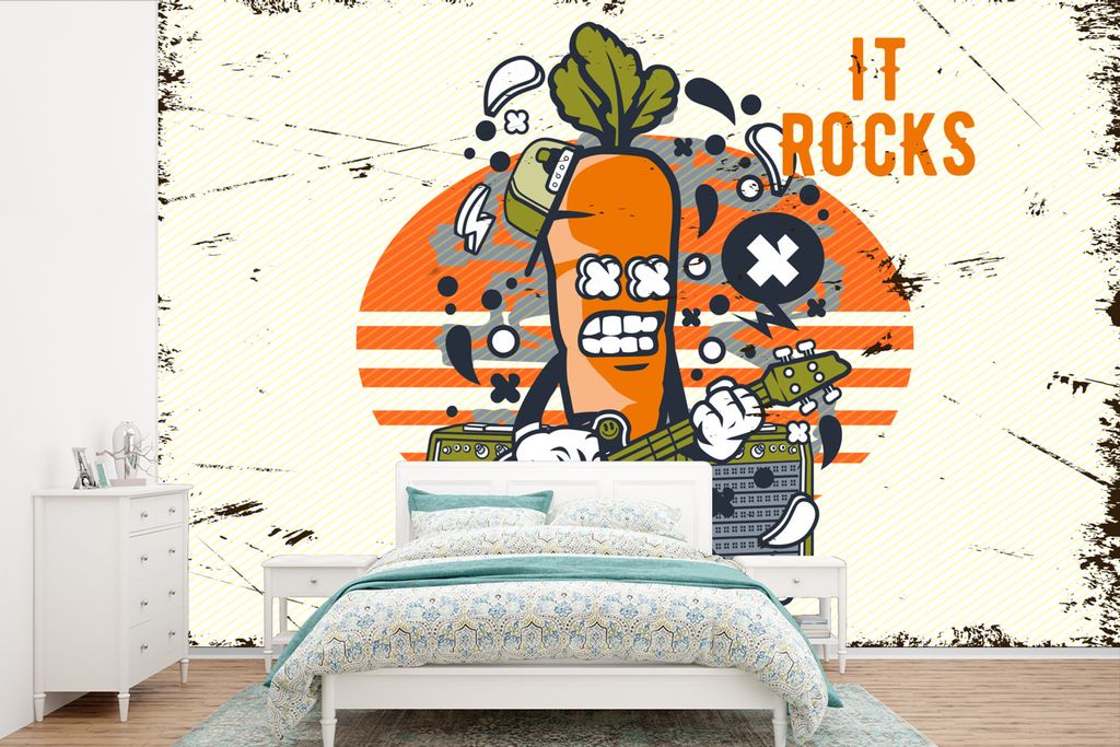 MuchoWow Fototapete für Wohnzimmer oder Schlafzimmer Wandtapete Vinyl Motivtapete Karotte - Gitarre - Vintage - 600x400 cm - Vinyltapeten