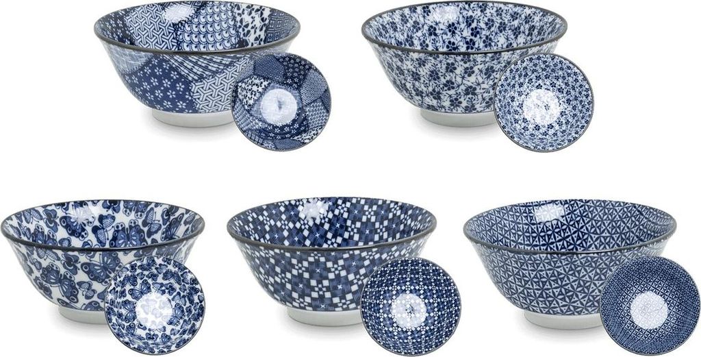 87 Reis- Matcha - Tee- Schalen Ø 15 cm 5 er Set JAPAN Porzellan blau weiss