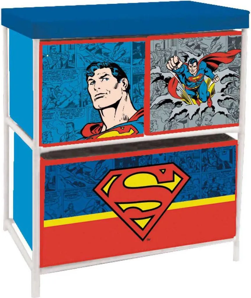 Meuble 3 paniers Superman en tissu et bois - Rangement solide bleu