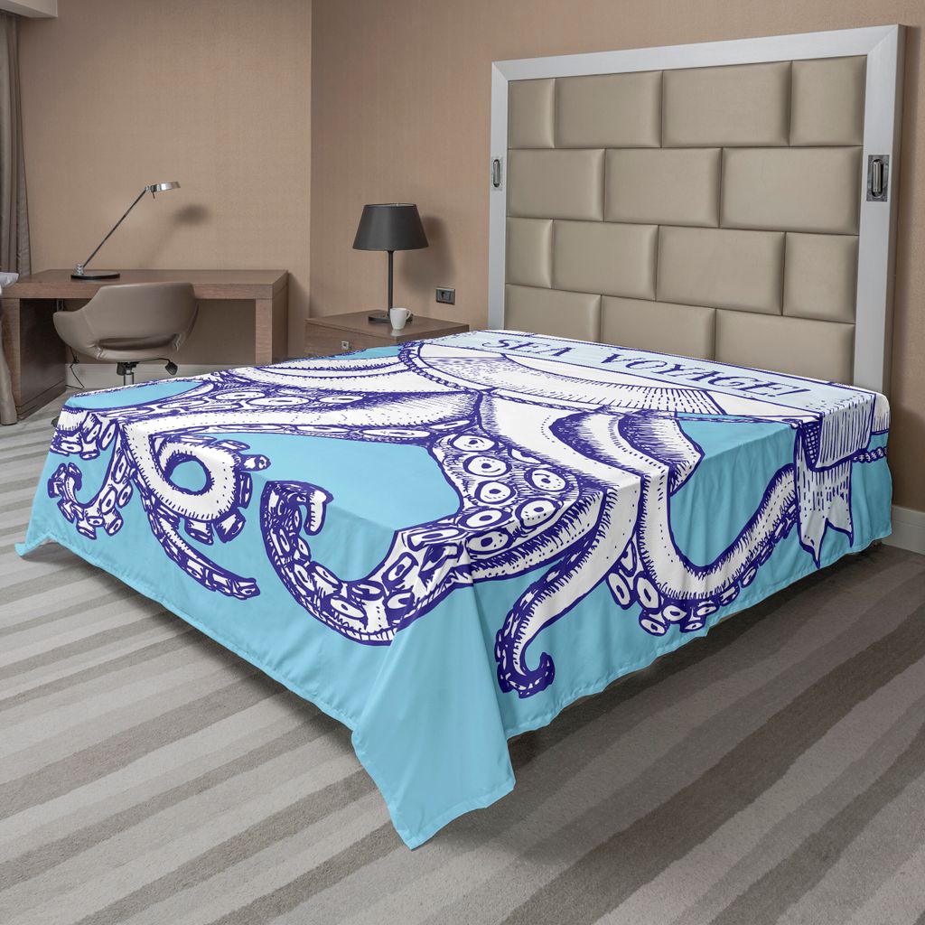 ABAKUHAUS Tintenfisch Bettlaken, Krake Und Leben Boje In Vintage Stil Mit Schriftzug Sea Voyage Illustration, weiches bequemes oberes Bettlaken fü...