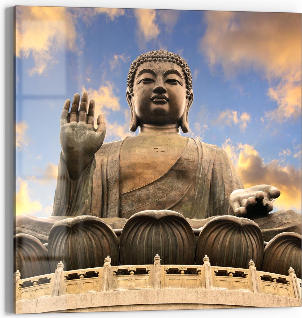 DEQORI Glasbild Echtglas 30x30 cm 'Buddha über Hongkong' Wandbild Bild modern Deko