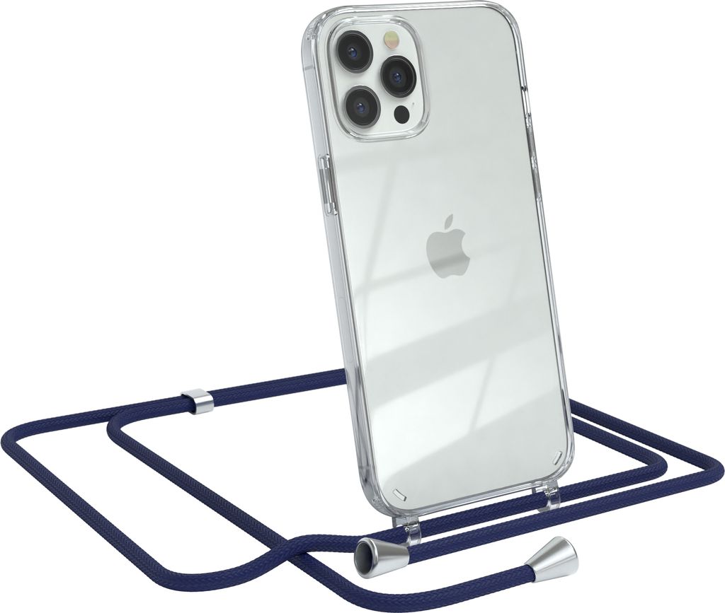 EAZY CASE Handykette kompatibel mit Apple iPhone 12 Pro Max, Handyhülle mit Umhängeband, Handykordel, Schutzhülle Clear, Band in Blau