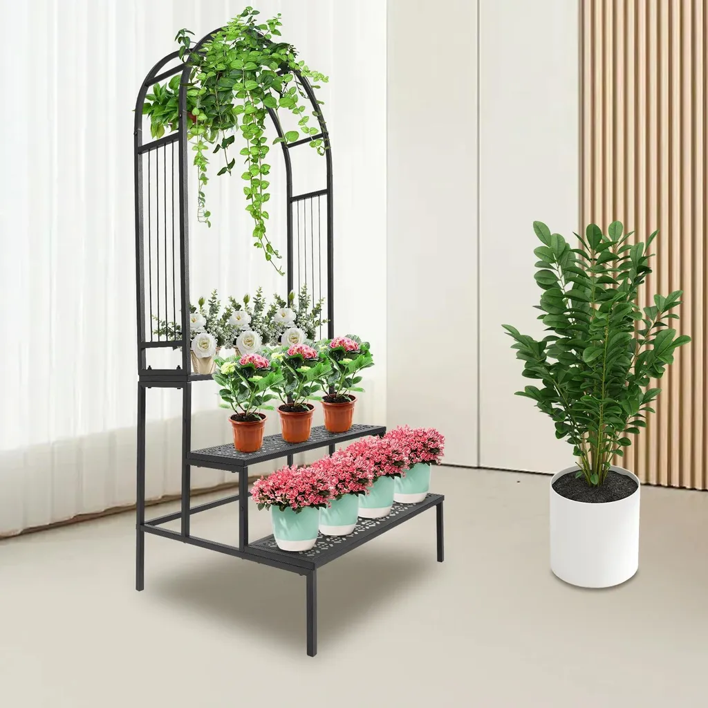 Support pour plantes à étages avec arche décorative en métal inoxydable