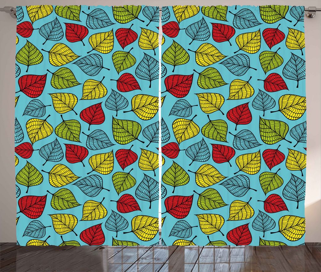 ABAKUHAUS Natur Rustikaler Gardine, Falling Leaves on Blue, Schlafzimmer Kräuselband Vorhang mit Schlaufen und Haken, 280 x 175 cm, Mehrfarbig
