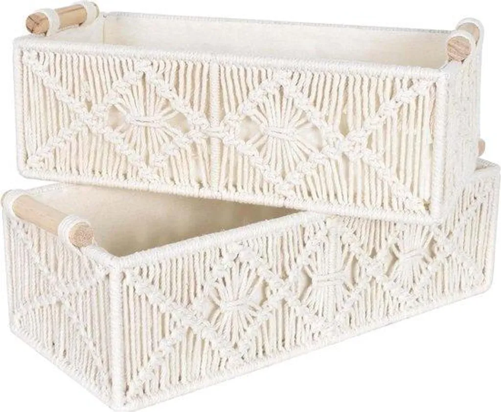 Boîte de rangement au crochet blanc avec poignée en macramé fait main