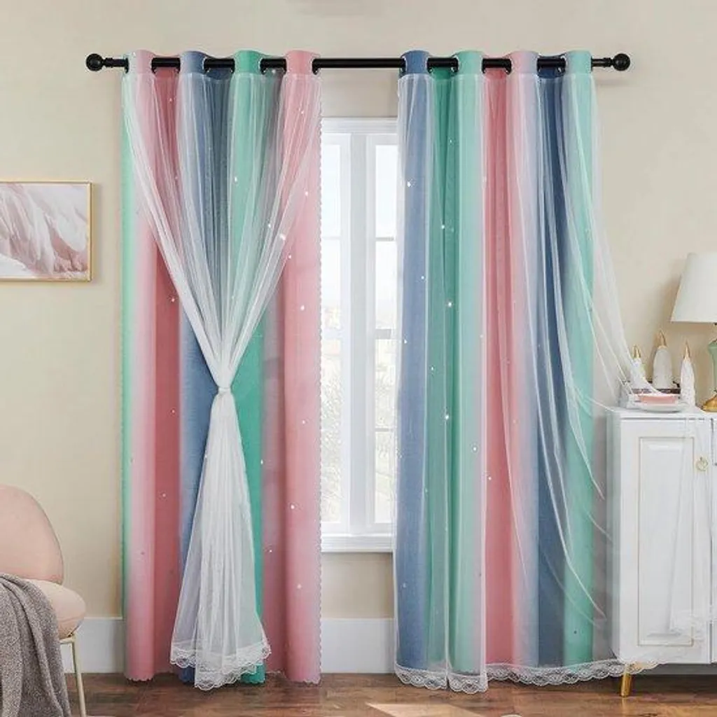 Rideau chambre 213 cm voile rose et vert pour ambiance douce et calme