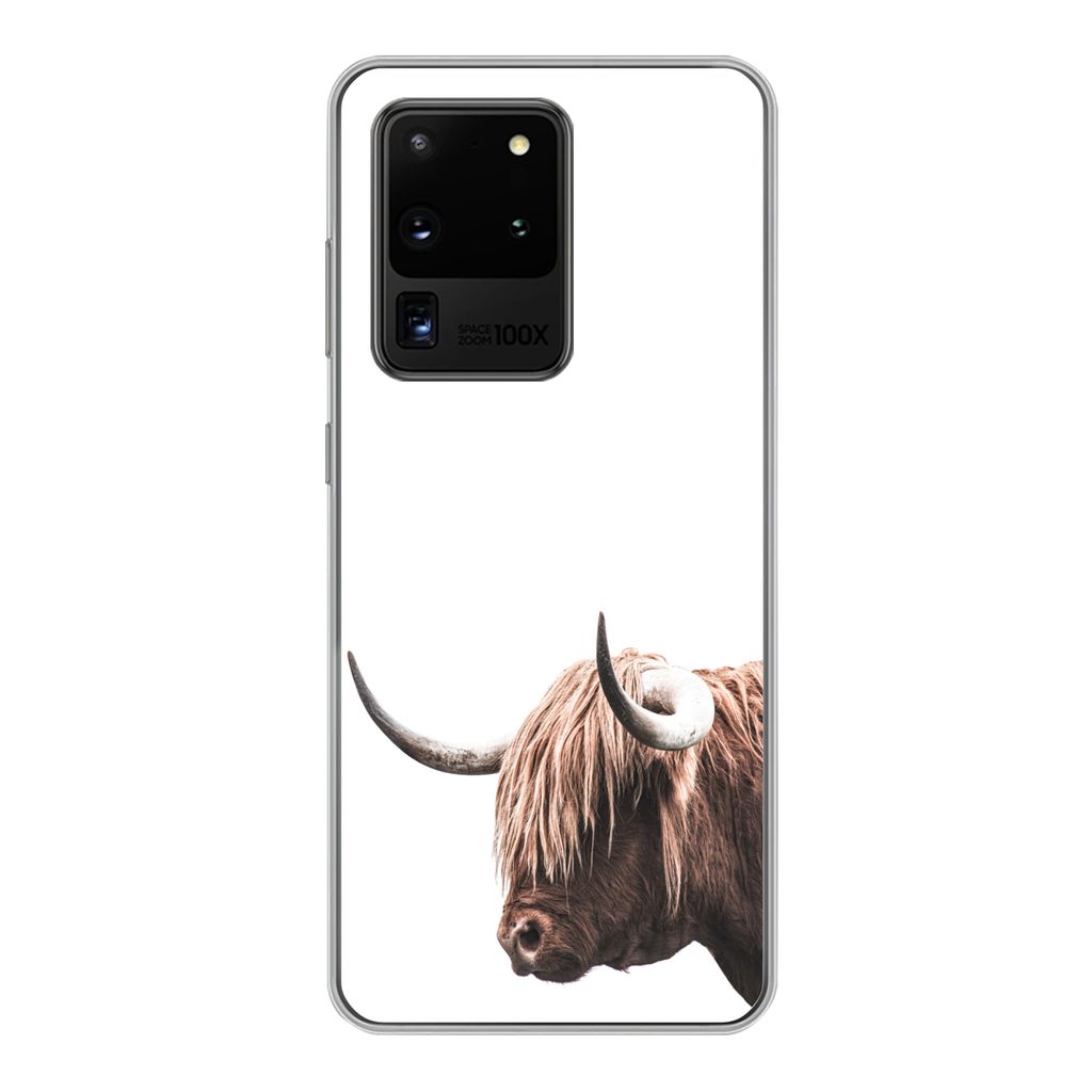 MuchoWow Handyhülle Schutzhülle Hülle für Samsung Galaxy S20 Ultra Schottischer Highlander - Kopf - Weiß Silikon Softcase Handy Hülle - Kar...