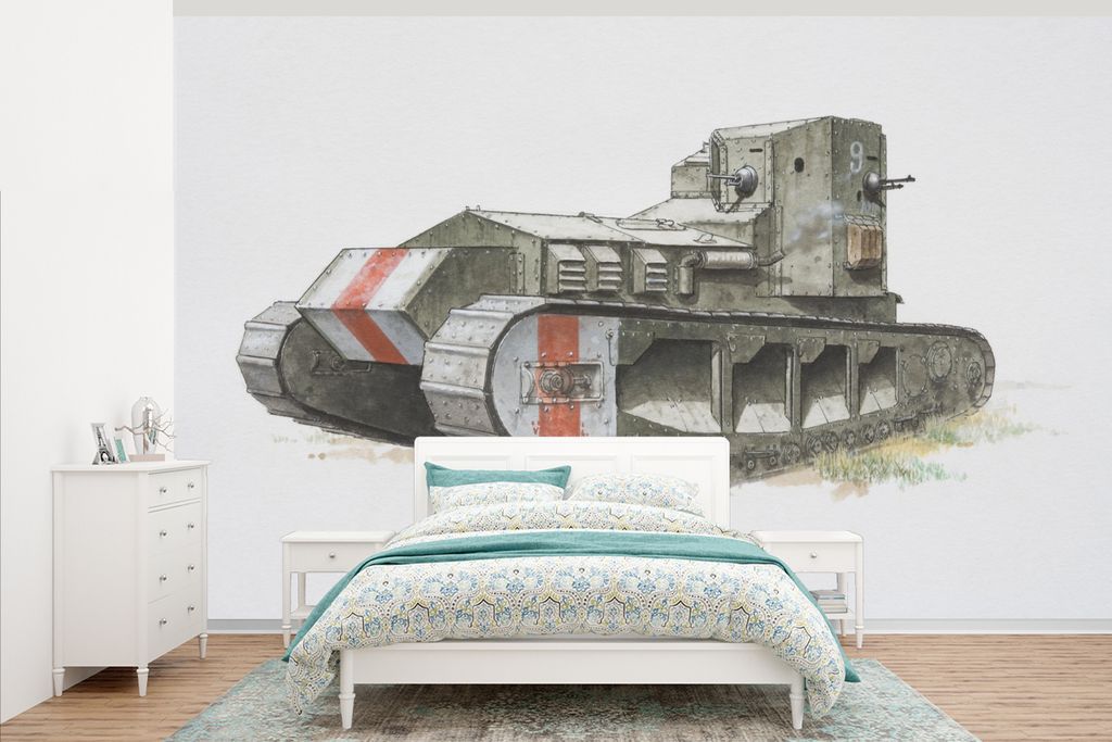 MuchoWow Fototapete für Wohnzimmer oder Schlafzimmer Wandtapete Vinyl Motivtapete Illustration eines britischen Panzers - 405x260 cm - Die Küche