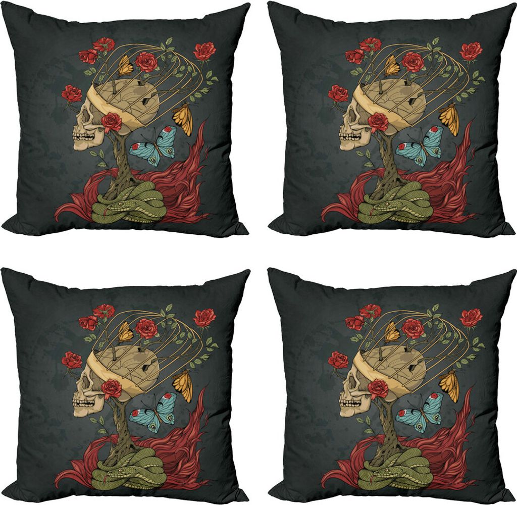 ABAKUHAUS Schädel Kissenbezug Set (4 Stück), Das Böse mexikanischer Zucker, Moderner Doppelseitiger Digitaldruck, 60 cm x 60 cm, Ruby-Dunkelgrau