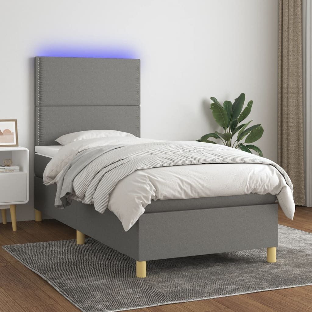 Design Möbel Boxspringbett mit Matratze & LED Dunkelgrau 90x190 cm Stoff - 2024 Neu