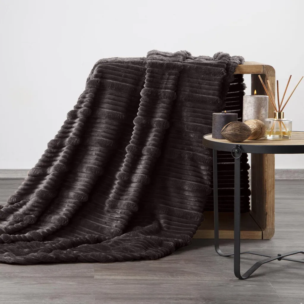 Couverture Douillette Rayures 3D 200x220 cm - Plaid Gris Chaud Moelleux