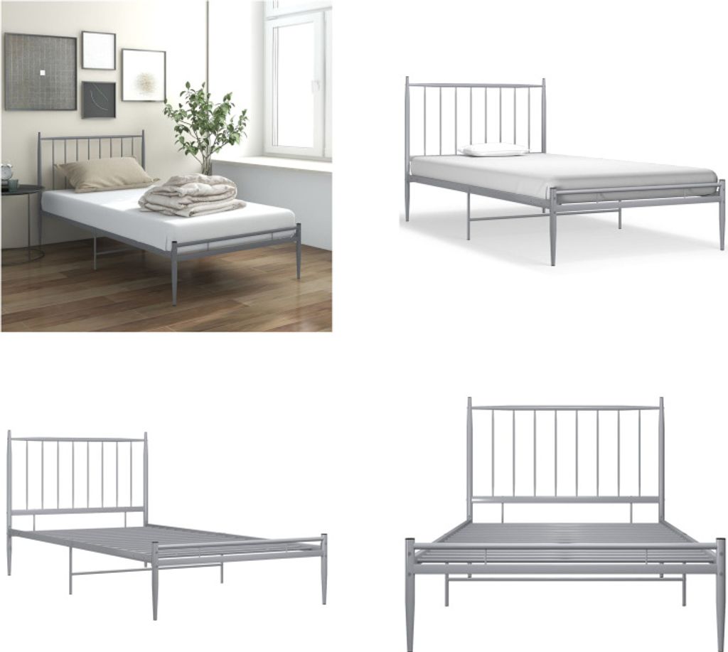 vidaXL Bett Grau Metall 100x200 cm - Bettgestell - Bettgestelle - Bettrahmen - Bettrahmen