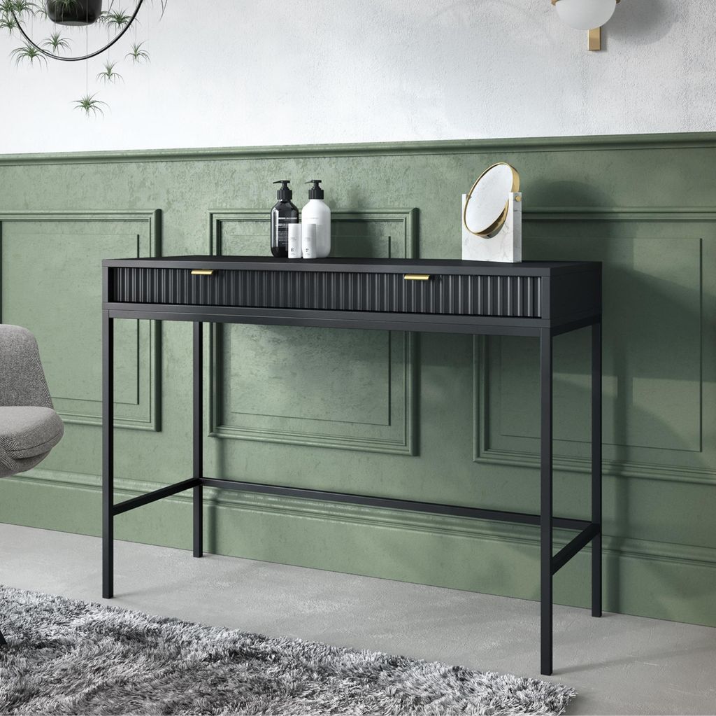 Komodee, Schminktisch NANAIMO - Schwarz - Goldene Griffe - Zwei Schubladen - Breite 104 cm, Höhe 77 cm, Tiefe 50 cm