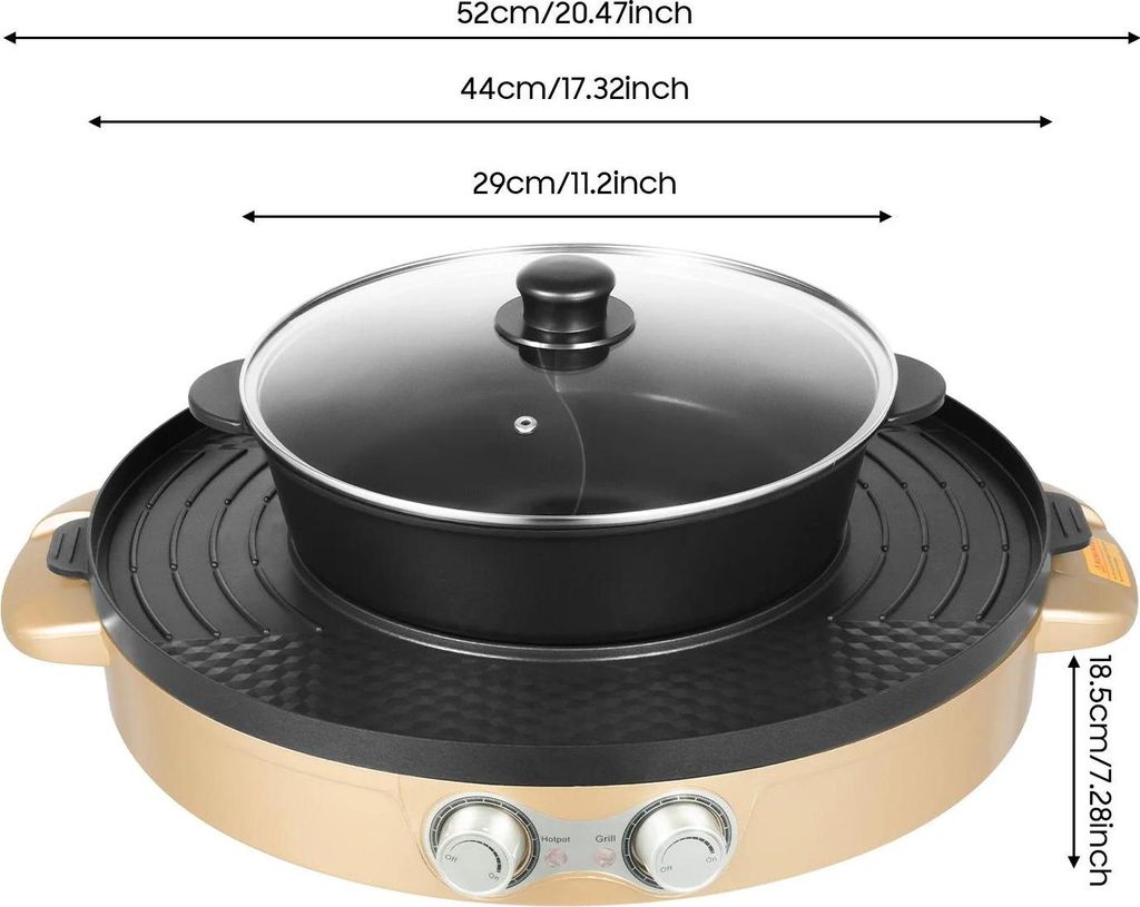 Elektrischer Hot Pot mit Grill - 2-in-1 Tischgrill - 2200 W - Antihaftbeschichtung - Tragbar - 220/110 V - Hellgelb