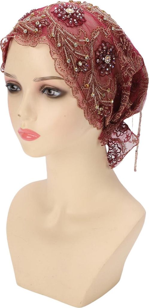 Frauen Turban weicher Samt leicht atmungsaktiv hautfreundlich stilvolle Spitze Kopftuch Hut für die Arbeit Reisen Schlafen tägliche Dekoration rot