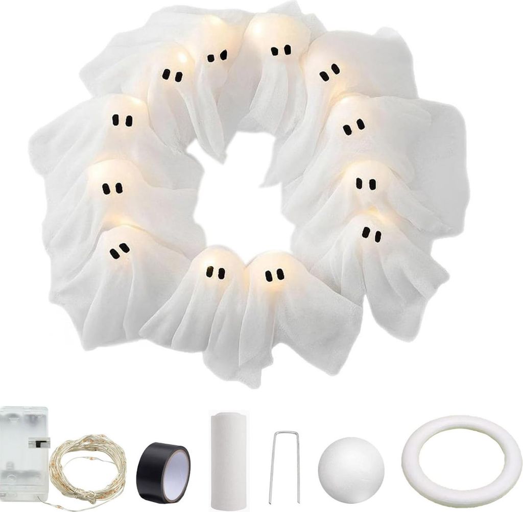 Halloween-Geisterkranz mit 12 LED-Lichtern, kleiner leuchtender weißer Geister-Hängekranz für die Veranda, Tür, Wand, Innen- und Außendekoration