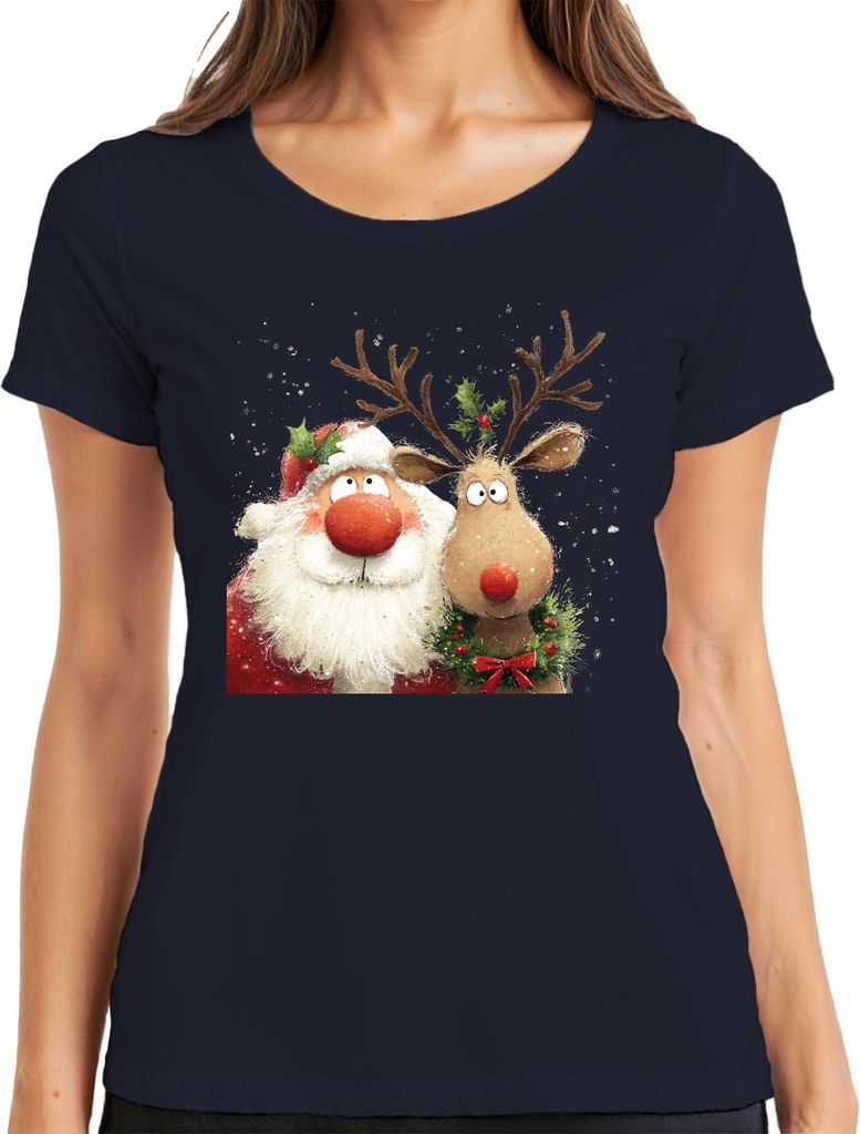 Rudolph Weihnachtsmann Rentier Rotnase niedlich lustig Geschenk Damen T-Shirt, Navy, L