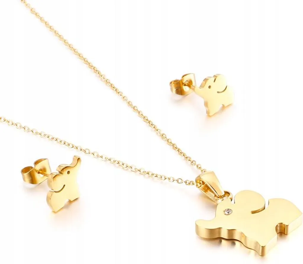 Set composto da collana e orecchini in oro con motivo elefante in acciaio